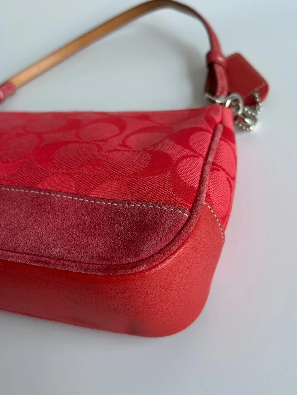 Coach Signature Jacquard Mini Demi Pouch Shoulder Bag Red Canvas Suede Trim 6094